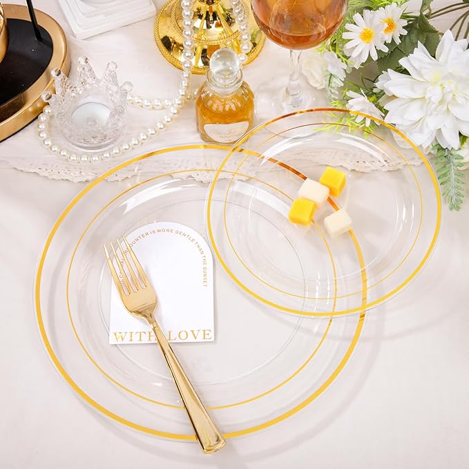 FLOWERCAT 100PCS Clear Plates with Gold Trim - Heavy Duty Clear and Gold Plastic Plate Disposable for Birthday Party/Wedding Include 50PCS 10.25inch Dinner Plates - 50PCS 7.5inch Cake Plate