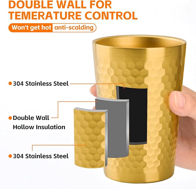 10 Pack 12 oz Stainless Steel Insulated Cup, Honeycomb Double Wall Vacuum Small Metal Cup, Reusable Camping Cups Unbreakable Indoor Outdoor for Party, Home, Office, BBQ, Gold
