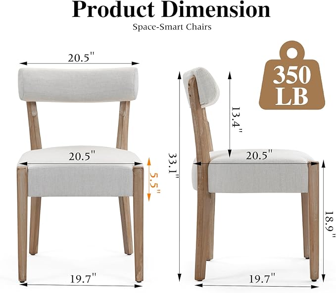 Dining Chairs,2 Pack Mid-Century Modern Wooden Kitchen Chairs with Linen Upholstery - Low-Back Woven Design for Kitchen & Dining Room,Beige Fabric