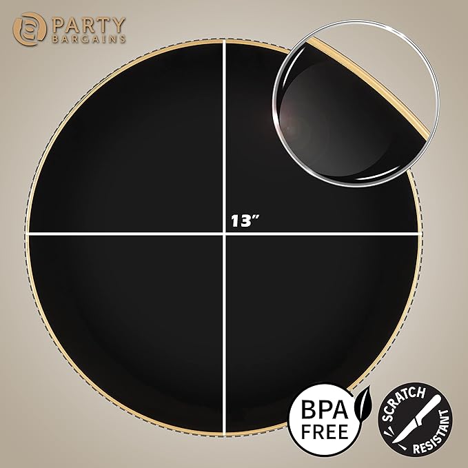PARTY BARGAINS 13-Inch Charger Plates - 96 Pack, Organic Collection Black Gold Rim, Heavy-Duty Disposable Chargers for Elegant Dining - Ideal for Weddings and Formal Events
