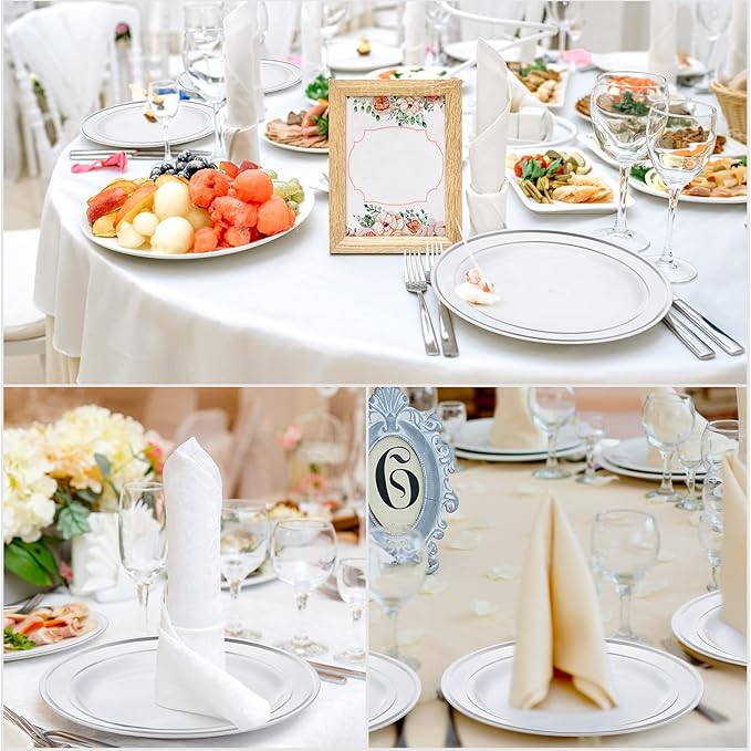 Sieral 200 Pieces Disposable Plates Plastic Party Plates with Rim Hard Plastic Appetizer Salad Dessert 7.5 Inch Elegant Heavy Duty Tableware for Dinner Wedding Party Supplies(Silver Rim)