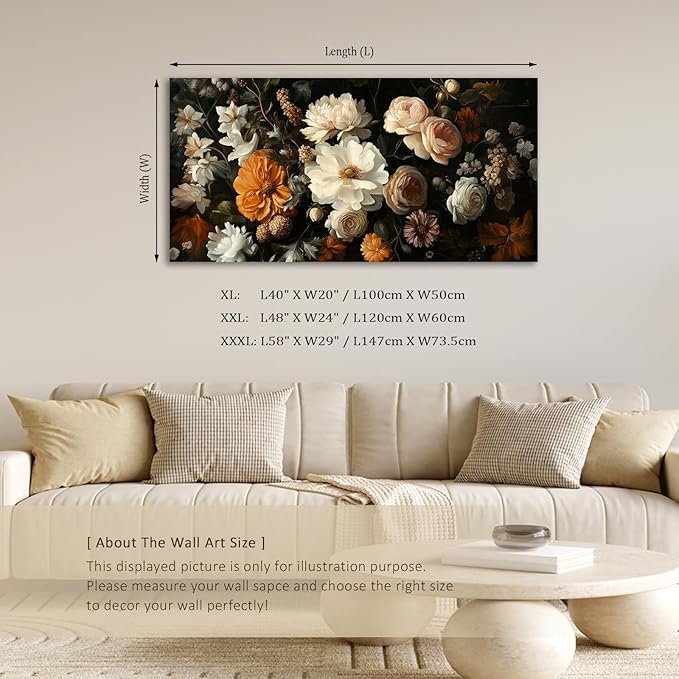 ADJUVANT Wall Art Vintage Floral Bouquet 60" L x 30" W, Flowers Peonies And Roses Canvas Painting Botanic Artwork Blossoms Prints Floral Wall Decor for Living Room Bedroom Dining Room Home Office
