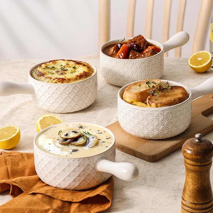DOWAN French Onion Soup Bowls, 18 Oz Soup Bowls with Handles, Oven Safe Stackable Ceramic Soup Crocks for Chili, Beef Stew, Microwave & Dishwasher Safe Set of 4