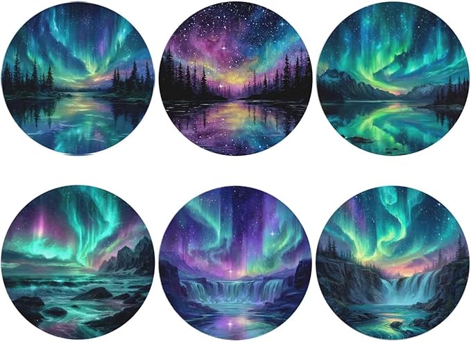 Northern Lights Coasters for Drinks with Holder Round Leather Coasters Set of 6 Cups Mugs Mat Pad for Home Kitchen Bar