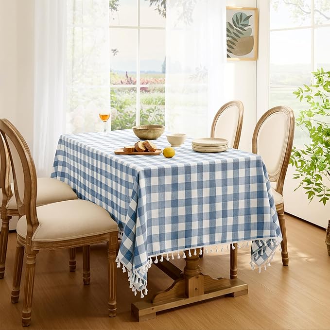 Softalker Checkered Tablecloth Square, Outdoor Linen Cotton Gingham Table Cloth with Tassel, Heavy Duty Wrinkle Free Buffalo Plaid Table Cover for Kitchen Dining Home Party - 55 x 55 Inch, Blue