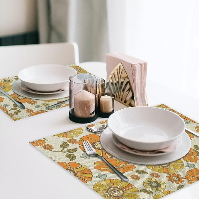 Vintage Boho Plant Floral Placemats，60S 70S Groovy Table Mats for Kitchen Decor Dinner Indoor Retro Hippie Floral Decoration Table Mats Placemat 18"x12" 6 PCS