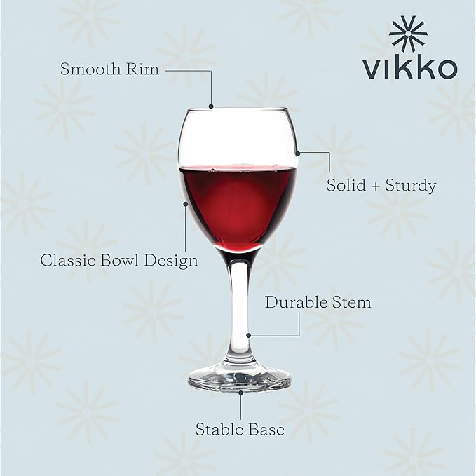 Vikko 8.5 Ounce Wine Glasses, Set of 12 SMALL Wine Glasses, for Red and White Wine With Stem, Clear Glass for Wine, Thick and Durable Stemmed Glass