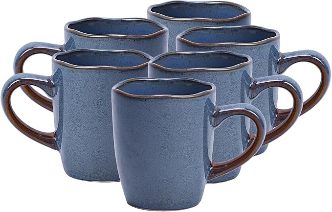 Organic Shape Highland Ceramic Mug, 6pcs 12oz Handmade Reactive Glaze Stoneware Coffee Mug with Wavy Edge, for Kitchen, Microwave & Dishwasher Safe, Scratch Resistant-Blue