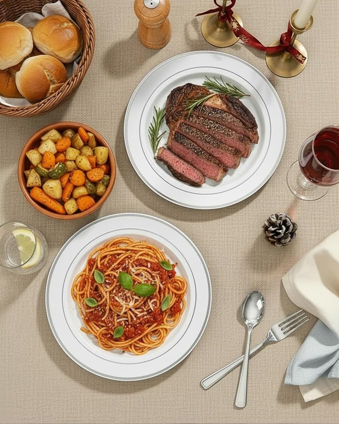 bUCLA 100Pieces Silver Plastic Plates - 10.25inch Silver Rim Disposable Dinner Plates - Ideal for Weddings, Parties