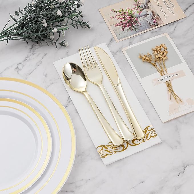 BESTVIP 175 PCS Gold Dinnerware Set for 25 Guests, Plastic Dinnerware Set for Party, Wedding, Christmas, Include: 50 Plastic Plates, 25 Gold Silverware, 25 Cups, 25 Paper Napkins