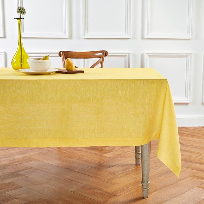Solino Home Linen Tablecloth 60 x 90 Inch - 100% Pure Linen Chambray Lemon Yellow Table Cloth for Rectangular Tables - Athena, Machine Washable Cloth Tablecloth for Spring, Easter