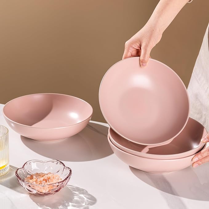 AmorArc 8.75‘’ Large Pasta Bowls, 42 ounce Deep Stoneware Bowls Set of 4 for Kitchen, Wide Bowl for Pasta/Salad/Fruit/Oatmeal/Soup, Microwave&Dishwasher Safe-Matte Pink