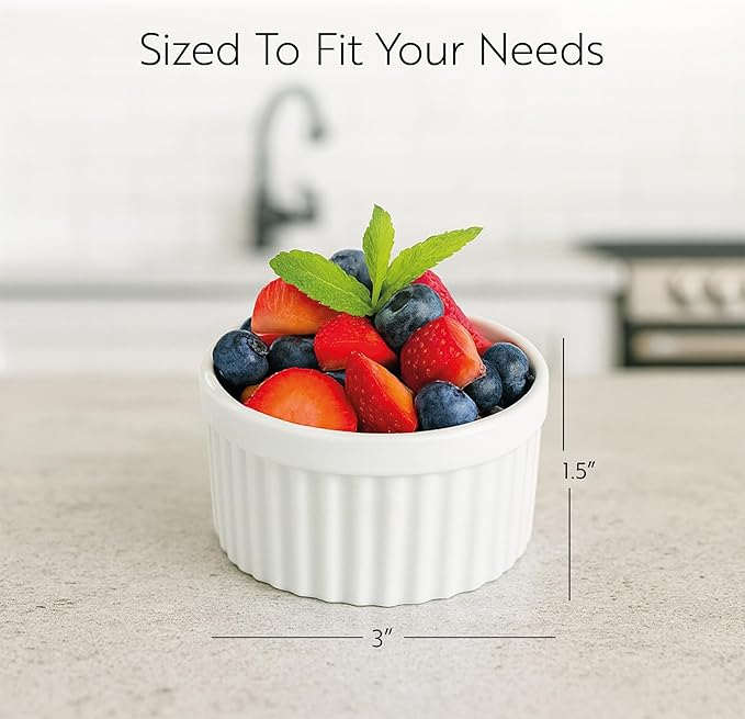 Restaurantware 5 Ounce Ramekin Bowls 10 Round Baking Ramekins - Microwave-Safe Oven-Safe White Porcelain Souffle Bowls Chip-Resistant For Appetizers Or Desserts