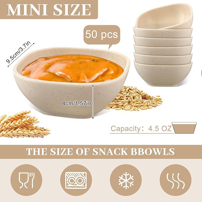 Gejoy 50 Pcs Wheat Straw Dipping Saucers Bowls 4.5 oz Unbreakable Small Soy Sauce Dishes Mini Prep Cups Dessert Snack Bowls Microwave Dishwasher Safe for Side Dish, Snacks, BBQ, Ketchup(Beige)