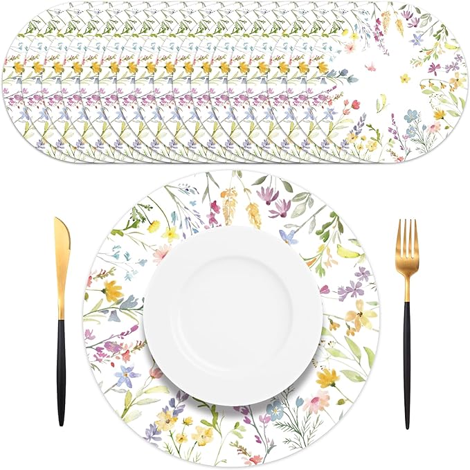 50PCS Floral Disposable Paper Placemats 13.5 Inch Flowers Placemats Pastel Watercolor Round Table Mats for Spring Weddings, Brunch & Garden Parties