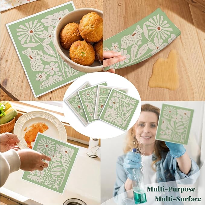Spring Flower Swedish Dishcloths for Kitchen, Boho Sage Green Swedish Dish Cleaning Cloths for Floral, 4 Pack Dish Towels for Kitchen, Papaya Reusable Paper Towels Washable