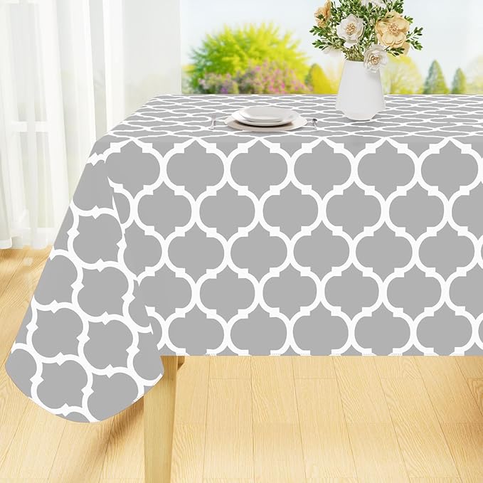 Smiry Rectangle Tablecloth, Waterproof Vinyl Tablecloths with Flannel Backing for Rectangle Tables, Wipeable Spillproof Plastic Tablecloth for Dining, Camping, Indoor and Outdoor (60"x84", Light Grey)