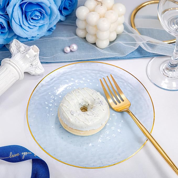 Rubtlamp 100 Pcs Clear Blue Gold Plastic Plates, Clear Hammered Plastic Plates, Blue Party Platos, Disposable Salad/Dessert Platos, 7-Inch Disposable Dessert/Appetizer Platos Perfect For Party