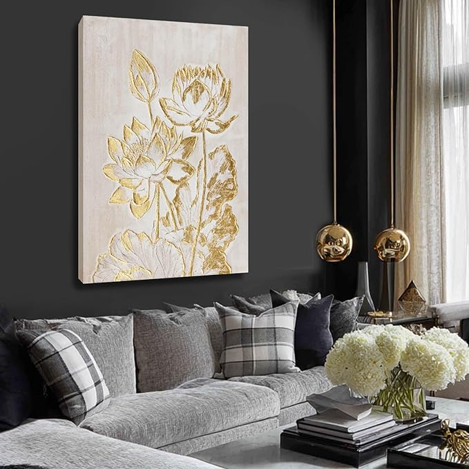 YJYart Plant Canvas Wall Art Flower Wall Decor Gold Wall Decorations 24"x36" Office Art Posters Oil Painting for Bedroom Kitchen