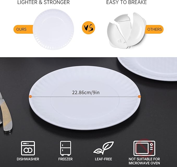 White Melamine Dinner Plates Set of 12, 9 Inch Lace Dish Set, Lightweight Round Tableware Plates, Scratch Resistant Kitchen Serving Dishes for Salad, Pasta, Dessert
