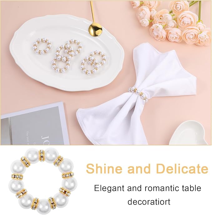 60Pcs Pearl Napkin Rings,Imitation Pearl Beaded Napkin Ring Holder,Serviette Napkins Rings Bulk for Wedding Reception Dinner Table Decor Banquet Home Party (White&Gold, 60Pcs)