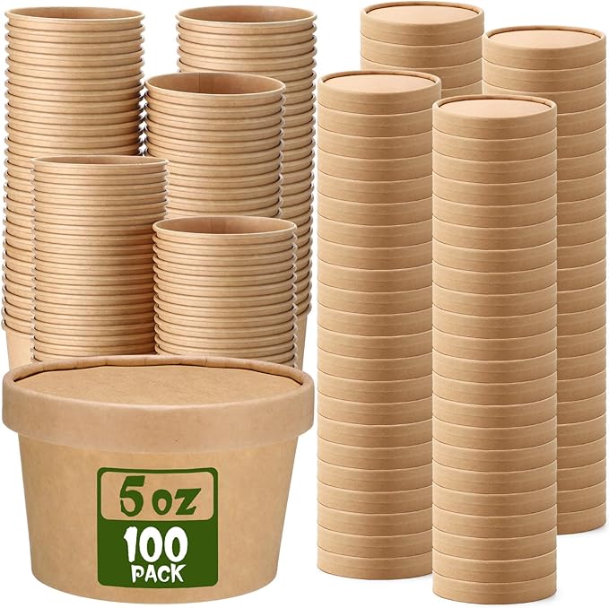 Fulmoon 100 Pack Paper Soup Containers with Lids Disposable Paper Food Containers with Vented Lid Kraft Ice Cream Cake Dessert Cups Soup Bowl for Party Hot Food Fruit Microwave(5 oz,Brown)