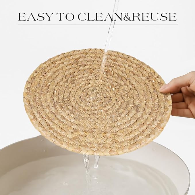 13” Woven Round Placemats Set of 4, Natural Water Hyacinth Braided Table Mats with 4 Wood Bead Napkin Rings, Washable Boho Farmhouse Rattan Place Mats for Home, Outdoor, Table Decor, Dinning, Wedding