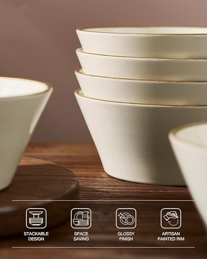Famiware Saturn Stoneware Dinnerware Sets for 8 (24 Pieces), Ceramic Plates and Bowls Dish Sets with Hand-Painted Trim - Chip & Scratch Resistant, Microwave & Dishwasher Safe Tableware, Vanilla White
