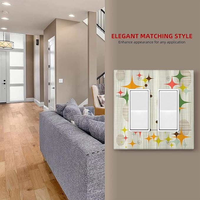 Outlet Covers Mid Century Modern Retro Stars 2 Gang Light Switch Cover Double Rocker Wall Plate Decorative GFCI Receptacle Electrical Switchplate for Bathroom Bedroom Decor（2 Pack）