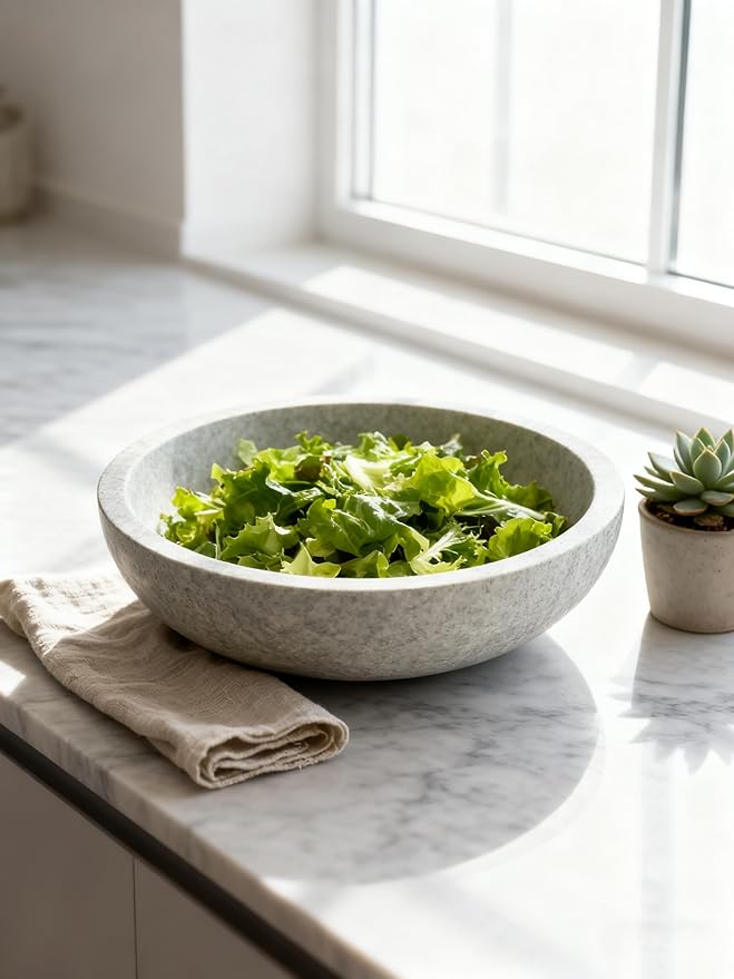 White Travertine Bowl, 7.8" Natural Stone Centerpiece for Minimalist Home Decor, Handmade Spa Style Fruit Bowl, Zen Meditation Bowl, Pure Tabletop Sculpture