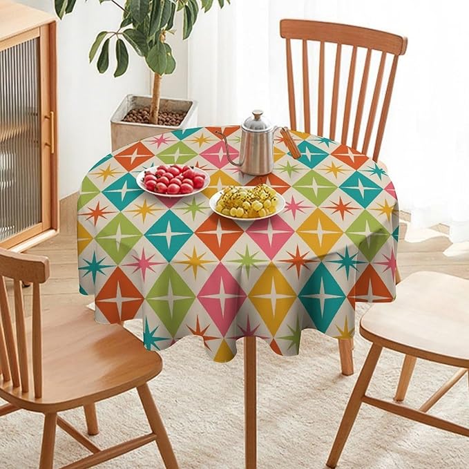 Abstract Geometric Round Tablecloth, Mid Century Retro Abstract Vintage Tablecloth for Home Party Dining Room Kitchen Decor 70Inch(178cm)