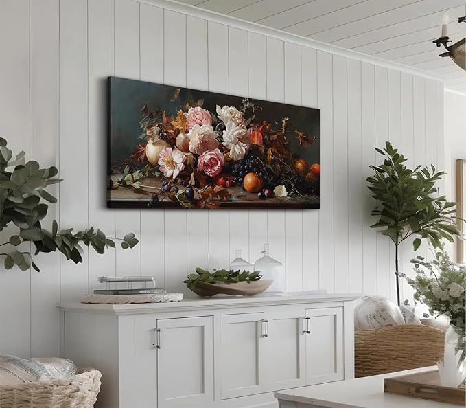 ADJUVANT Wall Art Vintage Floral And Fruit 48" L x 24" W, Peonies With Grapes And Citrus Canvas Painting Prints Graceful Botanic And Fruity Wall Decor for Living Room Bedroom Dining Room Home Office