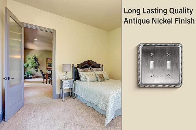 Henne Bery Rope Edge Decorative Wall Plate Switch Plate Outlet Cover (Double Toggle, Heirloom Silver)