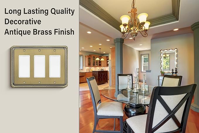 Henne Bery Rope Edge Decorative Wall Plate Switch Plate Outlet Cover (Triple Decorator, Antique Brass)