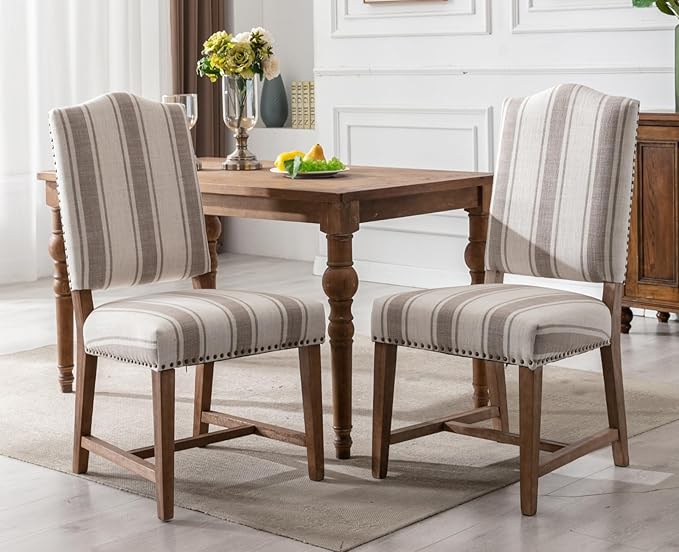 CIMOTA Mid Century Modern Dining Chairs Set of 2, Farmhouse Upholstered Dining Room Chairs Comfortable Kitchen Side Chairs with High Back/Natural Solid Wood Frame, Linen Brown/Beige Stripe