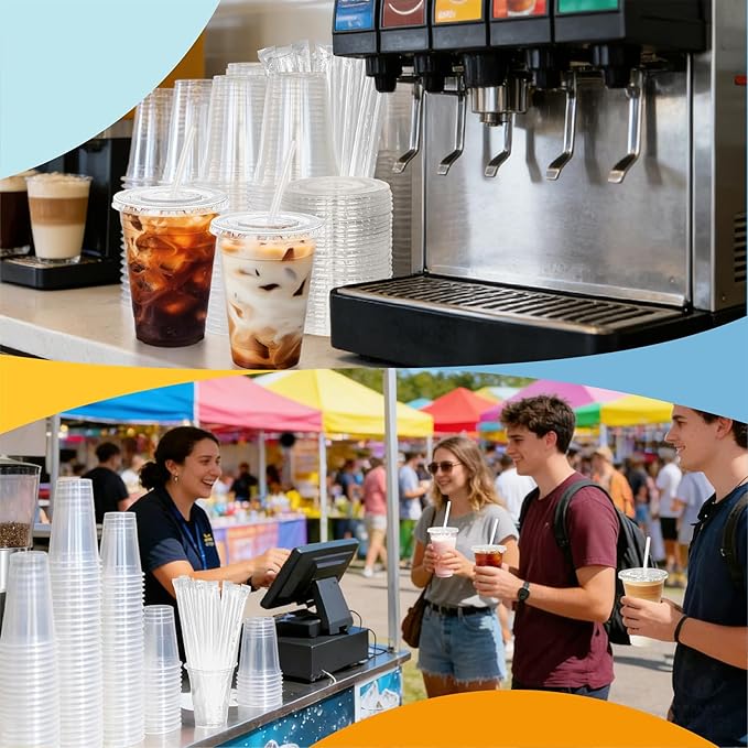 16 oz 100 Pack Disposable Clear Plastic Cups with Lids and Straws, Food Safe Bulk Iced Coffee Cups for Smoothies, Milkshakes and Other Cold Drinks