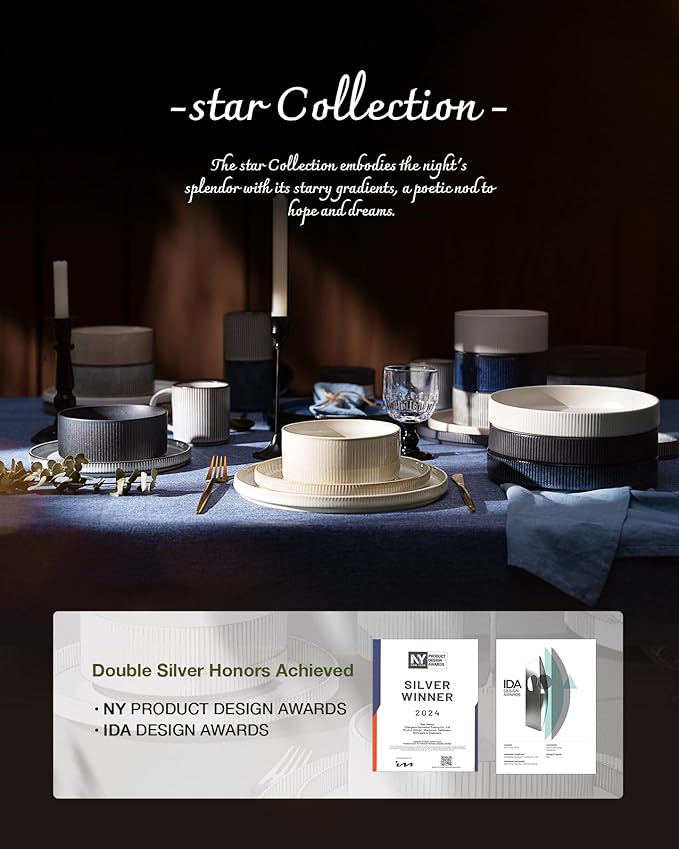 Famiware Star Stoneware Dinnerware Sets for 4 (16pcs), Chip and Scratch Resistant, Microwave & Dishwasher Safe Complete Dishes, Pasta Bowl, Cereal Bowl, Dinner Plate, Salad Plate, Ribbed, Deep Forest