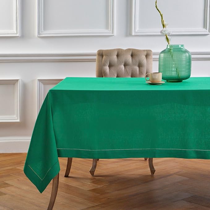Solino Home Linen Tablecloth 60 x 120 Inch - Classic Hemstitch 100% Pure Linen Emerald Green Table Cloth for Rectangle Tables - Machine Washable Tablecloth for St Patricks Day