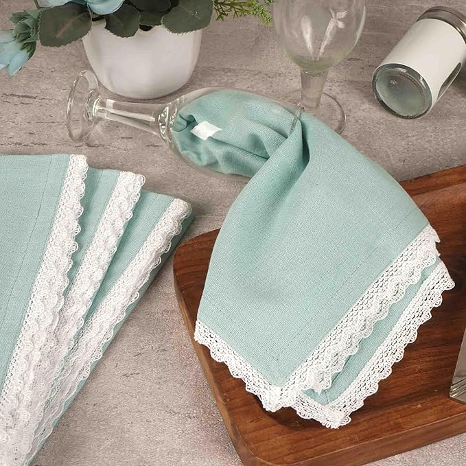 FINGERCRAFT Dinner Cloth Napkin Cotton Linen Blend 4 Pack Mitered Corners with Elegant Lace for Everyday Use Napkins are Pre Shrunk and Good Absorbency Aqua