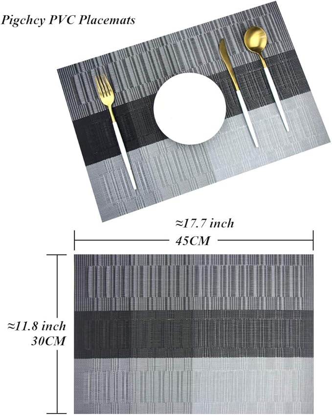 PIGCHCY Vinyl Placemats Set of 12 Washable Durable Kitchen Place Mats Easy to Clean Plastic Placemats for Dining Table (Black)
