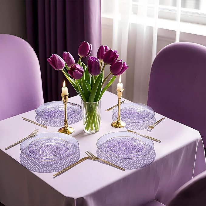Rubtlamp 60Pcs Clear Purple Gold Plastic Plates, Purple Disposable Plates With Gold Rim, Hammered Plastic Plates Include 30 Clear Dessert Plates, 30 Dinner Plates for Party