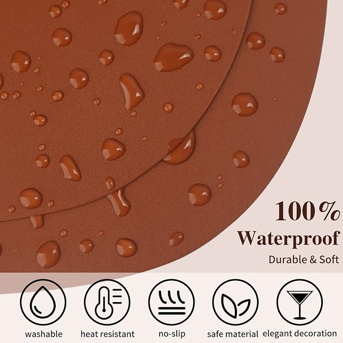 Modern Placemats for Round Table mats Set of 4 Wipeable Washable Leather Waterproof Round Placemats for Dining Table Mat Kitchen Table Mats Set Coffee Table Mats, Brown