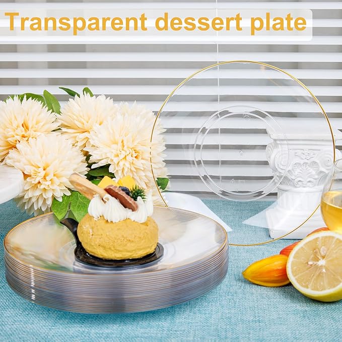 Nervure 100Pieces Clear and Gold Rim Plastic Plates - 7.5inch Disposabl Salad Dessert Plate - Clear and Gold Party Plates Ideal for Wedding & Party