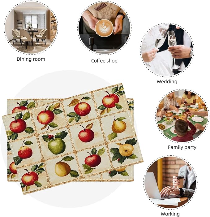 Apple Pear Placemats Set of 4, Retro Fruit Place Mats, Fruits Waterproof Washable Table Mats for Home Party Indoor Kitchen Dining Table Decoration 12x18 Inch