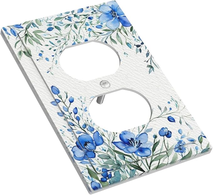 Outlet Covers Blue Watercolor Flowers Retro Floral Leaves 1 Gang Duplex Light Switch Cover Plate Decorative Wall Plates Electrical Switchplate Receptacle for Bathroom Bedroom Decor（2 Pack）