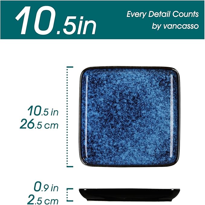 vancasso Stern Square Dinner Plates Set of 4, 10.5 Inch Dessert Plates, Reactive Change Glaze Blue Serving Pasta Salad Plate Dish, Scratch Resistant