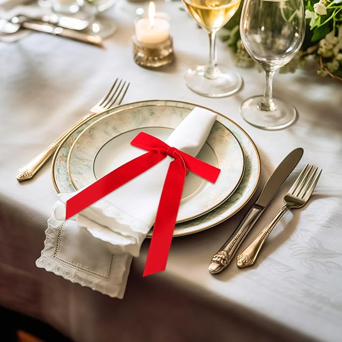 Riceshoot Velvet Bow Napkin Rings Bows with Gold Semicircle Metal Napkin Ring Velvet Bow Holder for Wine Bottles Table Settings Candlestick Wedding Valentine's Day Dinner(Red,6 Pcs)