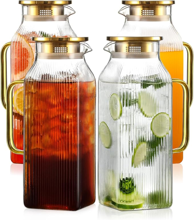4 Pack 2 Liter/68 oz Square Glass Pitcher with Lid, Classic Stripes Water Pitchers with Handle for Fridge, Large Jug for Iced Tea, Coffee, Borosilicate Glass Carafe for Hot/Cold Brew Drink, Gold