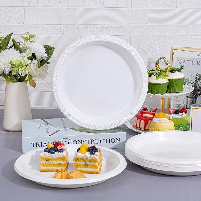 WELLIFE White Plastic Plates 10 Inch -150 Count for Party, Disposable Plastic Party Plates for New Year Wedding Dinner Birthday Engagement