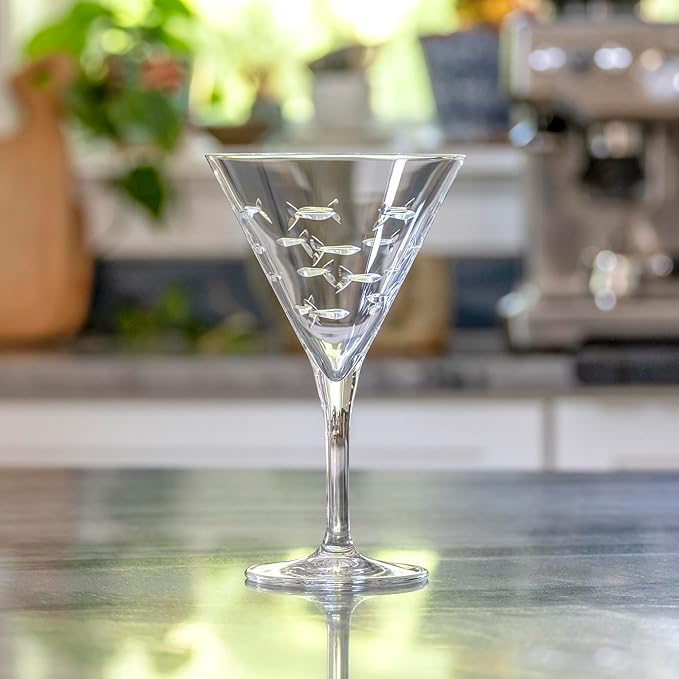 Rolf Glass School of Fish Martini Glass | Stemmed 7.5 oz. Martini Glasses | Lead-Free Glass | Diamond-Wheel Engraved Cocktail Glasses | Made in the USA (Set of 2)